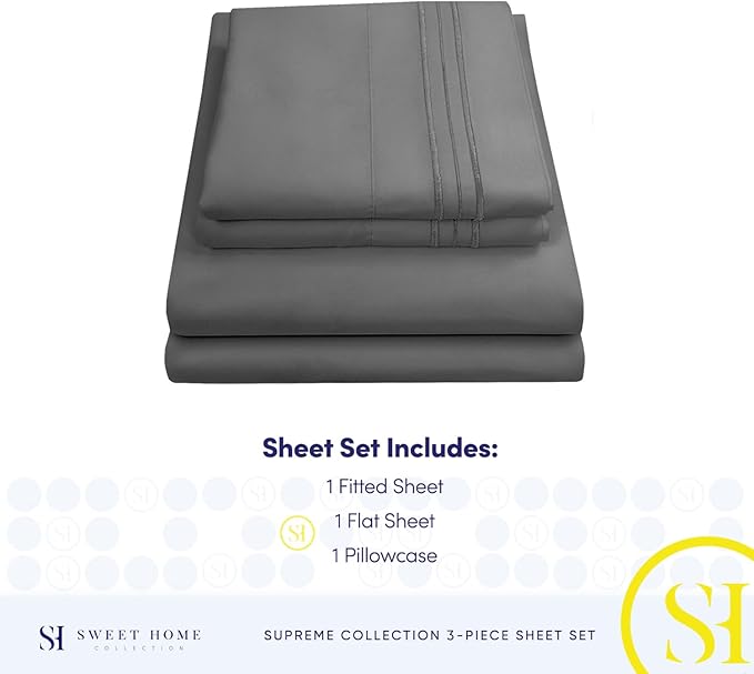 Twin Sheets - Breathable Luxury Sheets with Full Elastic & Secure Corner Straps Built In - 1800 Supreme Collection Extra Soft Deep Pocket Bedding Set, Sheet Set, Twin, Gray