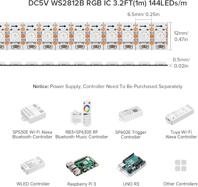 BTF-LIGHTING WS2812B IC RGB 5050SMD Pure Gold Individual Addressable LED Strip 3.28FT 144LED 144Pixel/m Flexible Full Color IP30 DC5V for DIY Chasing Color Project(No Adapter or Controller)
