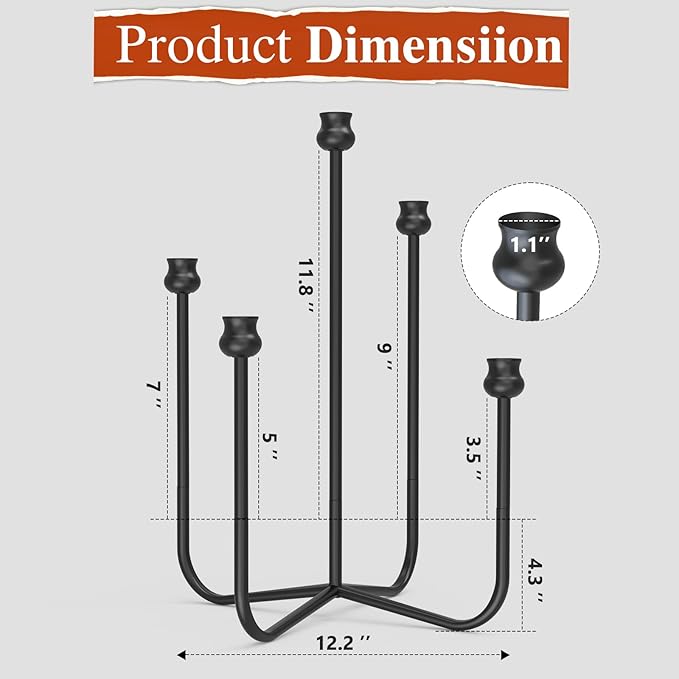 16-inch Iron Candlestick Holders, Black 5-Arm Taper Candle Holder, Vintage Modern Decorative Candle Stick Holders for Weddings, Parties, Thanksgiving & Halloween