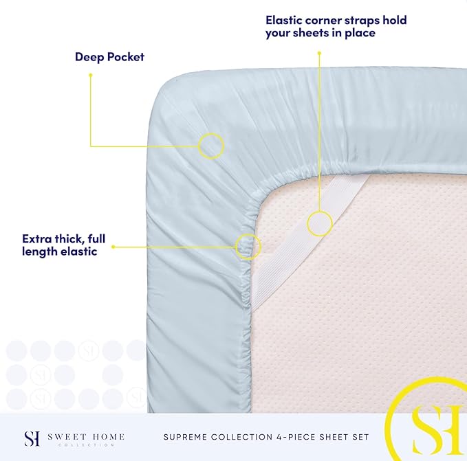 RV Queen Bed Sheets - Breathable Luxury Sheets with Full Elastic & Secure Corner Straps Built In - 1800 Supreme Collection Extra Soft Deep Pocket Bedding Set, Sheet Set, RV Short Queen, Light Blue