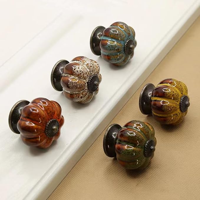 5 Pack Vintage Ceramic Pumpkin Cabinet Knobs, Kitchen Cabinet Drawers Dresser Cupboard Pull Handles Door Pulls with 5 Kinds of Screws (Leopard Print -Orange)