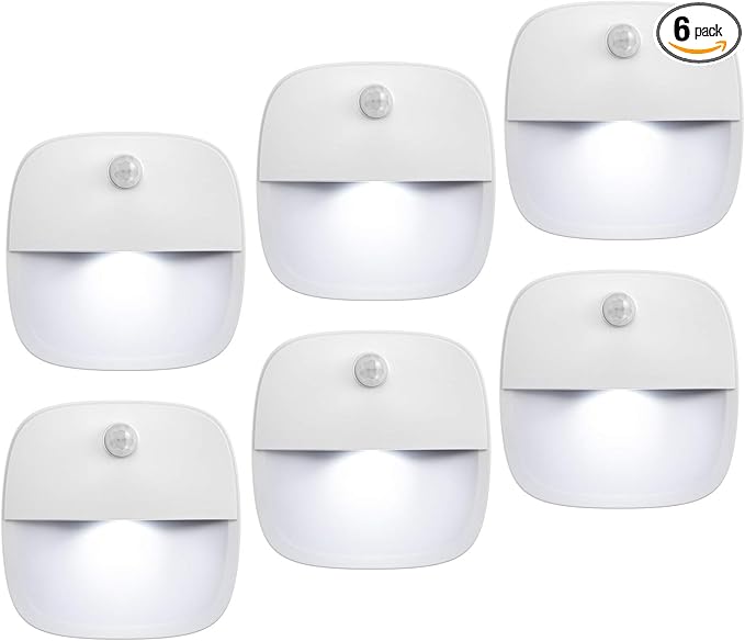 AMIR Upgraded Indoor Motion Sensor Light with PIR Technology - Battery-Powered Wall & Cabinet LED Night Light for Hallway, Bathroom, Kitchen, Stairs (White, 6-Pack)