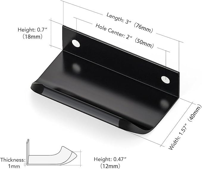 Ravinte Hardware 8 Pack Black Cabinet Handles, 3 Inch (76mm) Finger Edge Pulls, 2 Inch Hole Center, Finger Pulls for Cabinets
