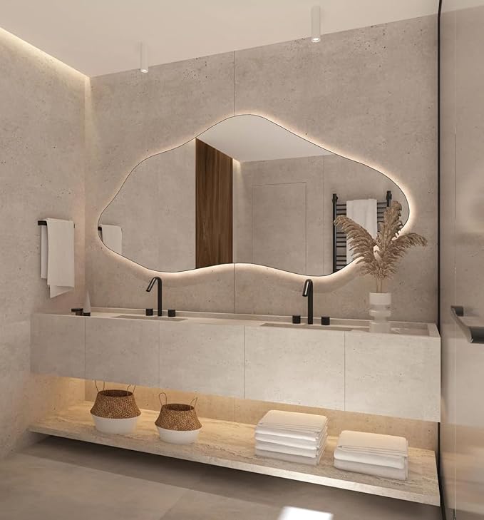 Asymmetrical Bathroom LED Mirror, Modern Irregular Shape Wall Mirror with LED Lights, Frameless Aesthetic Backlit LED Illimunated Vanity Mirror (20" x 10" inc)