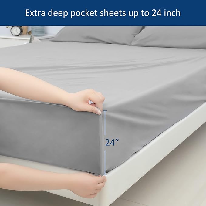 Moonsea Extra Deep Pocket Queen Sheet Sets for Air Mattress - Deep Pocket Sheets Queen Size Sets - Sheets with Pocket on Side - Easily Fits Extra Deep 16 in to 24 in Pillow Top Air Mattress (Grey)