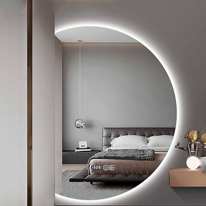47" Half Moon LED Bathroom Mirror - Anti-Fog Dimmable Backlit with 3-Color Lights, Smart Touch Switch and Time Display, Frameless Vanity Wall Mirror for Bedroom/Entryway (Right Semicircle)