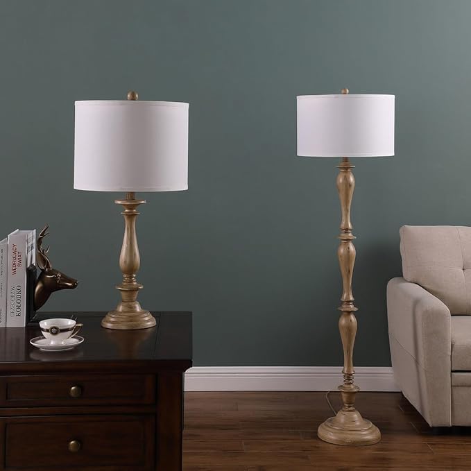Design Floor Lamp Reading Light with Linen Shade, 61.5" Resin Farmhouse Floor Lamp, Vintage Standing Lamp for Living Room Bedroom Office (Brown 1 Pack)
