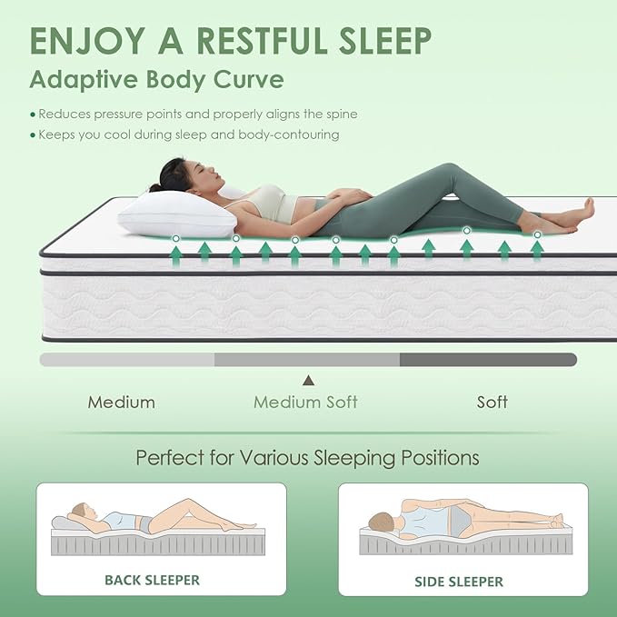 PayLessHere | 10 Inch Queen Mattress | Medium Firm Hybrid Mattress | White | with High-Density Foam and Breathable Cover | Pocket Spring Design, Pressure Relief | Bed in a Box, CertiPUR-US Certified