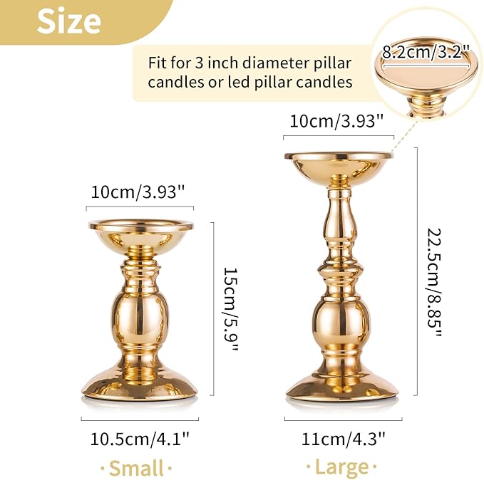 2 Pcs Gold Pillar Candle Holders, Gold Candlestick Most Ideal for 3" Pillar Candles, Gifts for Wedding, Party, Home, Spa, Reiki, Votive Candle (S + L)