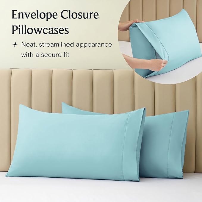 LuxClub 4 PC King Sheet Set, Deep Pockets Wrinkle Free Cooling Bed Sheets Hotel Bedding for Women, Men, Kids & Teens, Includes 1 Fitted Sheet, 1 Flat Sheet and 2 Pillowcases - Silky Soft Aqua