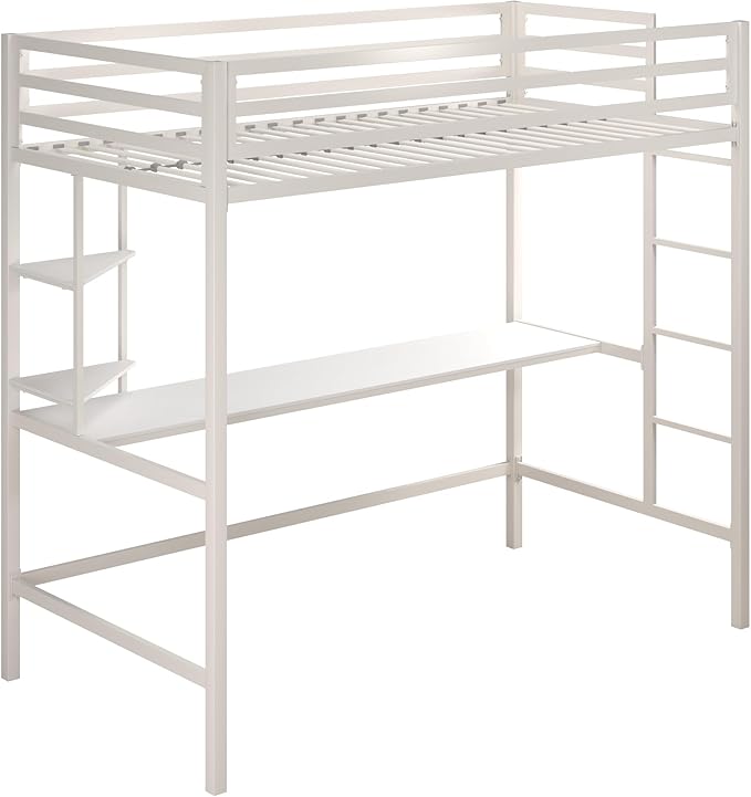 Novogratz Maxwell Metal Twin Loft Bed with Desk & Shelves, Off White/Off White