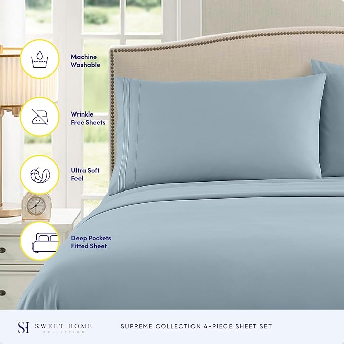 Twin Sheets - Breathable Luxury Sheets with Full Elastic & Secure Corner Straps Built In - 1800 Supreme Collection Extra Soft Deep Pocket Bedding Set, Sheet Set, Twin, Misty Blue