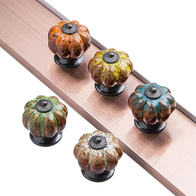 5 Pack Vintage Ceramic Pumpkin Cabinet Knobs, Kitchen Cabinet Drawers Dresser Cupboard Pull Handles Door Pulls with 5 Kinds of Screws (Leopard Print -Green)