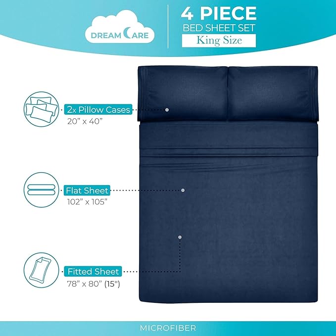DREAMCARE California King Sheet Sets - Cooling Bed Sheets - 4pcs Set - up to 15" Deep Pocket Cal King Sheets - California King Sheets - Soft & Lasting 100% Brushed Polyester with Side Pocket - N Blue