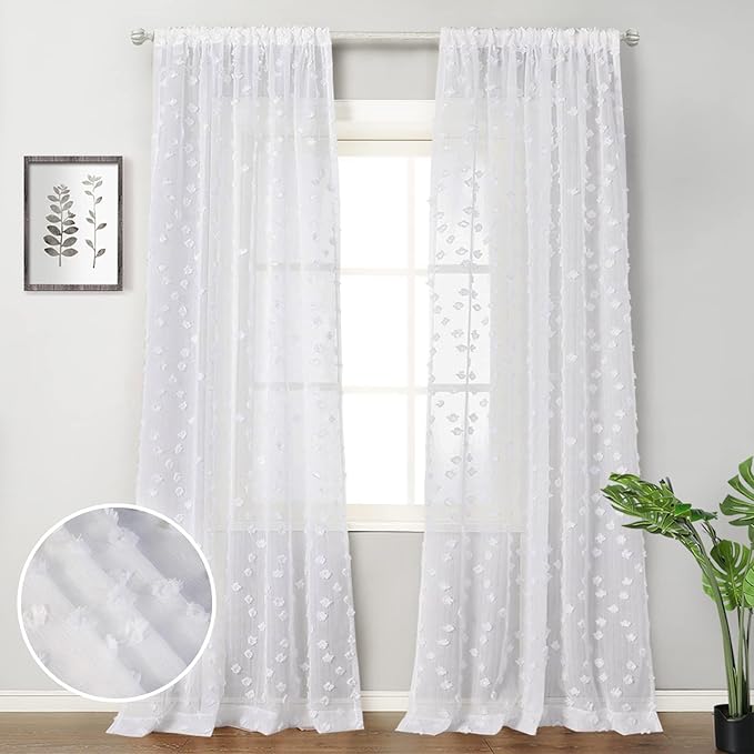 MYSKY HOME Pom Pom White Sheer Curtains for Bedroom Girls Room Curtains 108 Inches Long for Nursery Kids Light Filtering Boho Window Drapes, Rod Pocket, 38" Wide, 2 Panels