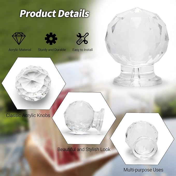MroMax 12Pcs Tiny Pull Handle Round Diamond Acrylic Mini Knob 17mm Diameter Clear Shiny Cute Decoration for Jewelry Box, Gift Case and Makeup Box