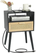 MaxSmeo Mid Century Modern Nightstand with Charging Station, Bedside Tables with Rattan Drawer, Small Wood Nightstand Side Table for Living Room,Bedroom (Black)