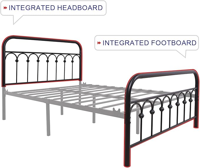 TUSEER Metal Bed Frame Full Size with Vintage Headboard and Footboard Platform Base Wrought Iron (Black)