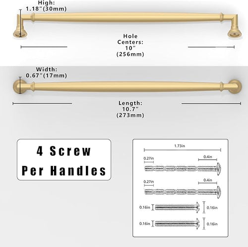 10 Pack Brushed Gold Cabinet Pulls 10 Inch(254mm) Kitchen Cabinet Handles Solid Zinc Alloy Cabinet Hardware Drawer Pulls