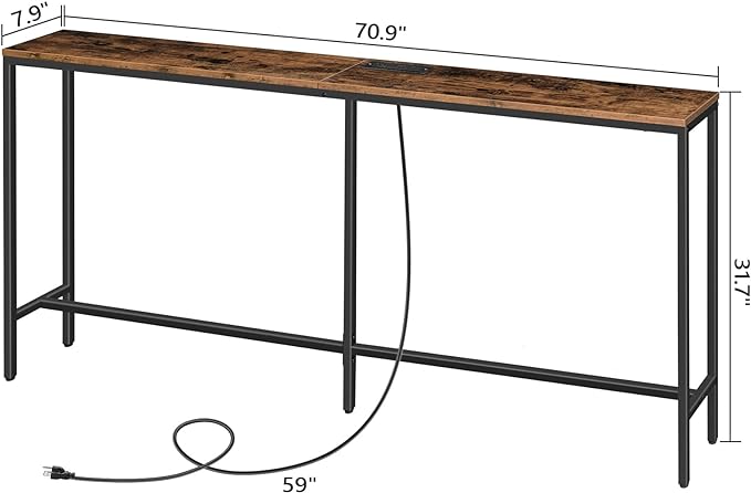 70.9'' Console Table with Power Outlet, Narrow Sofa Table, Industrial Entryway Table with USB Ports, Behind Couch for Entryway, Hallway, Foyer, Living Room, Rustic Brown CTHR18E01Z1