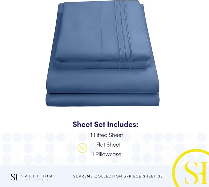 Twin Sheets - Breathable Luxury Sheets with Full Elastic & Secure Corner Straps Built In - 1800 Supreme Collection Extra Soft Deep Pocket Bedding Set, Sheet Set, Twin, Denim
