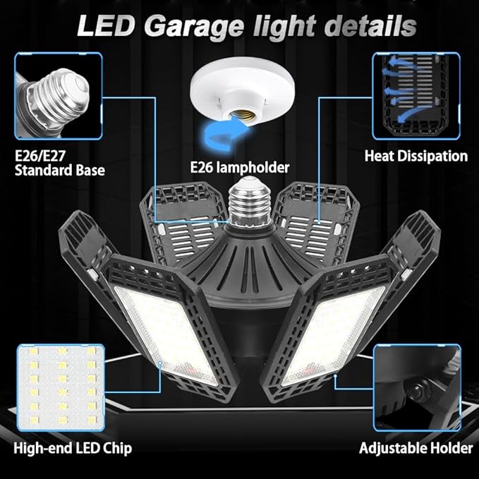 6 Pack LED Garage Light, 200W 20000LM 6500K LED Shop Lights, Garage Lights Ceiling Led with 6+1 Deformable Panels, Screw in E26/E27 Socket Bulb for Warehouse, Workshop, Basement, Barn Lighting