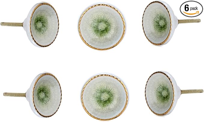 Perilla Home Set of 6 Marrakesh Knob Ceramic Decorative Round Knobs for Home Kitchen Cabinet Hardware Cupboard Glass Door Dresser Wardrobe and Drawer Pulls (Light Green)
