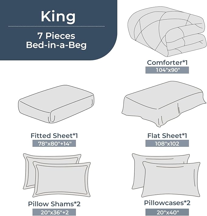 HEVUMYI King Comforter Set - 7-Piece All Season Bed in a Bag King, Ultra Soft Bedding Set with Comforter, Flat Sheet, Fitted Sheet, Pillowcases, Pillow Shams, Purple & Light Grey