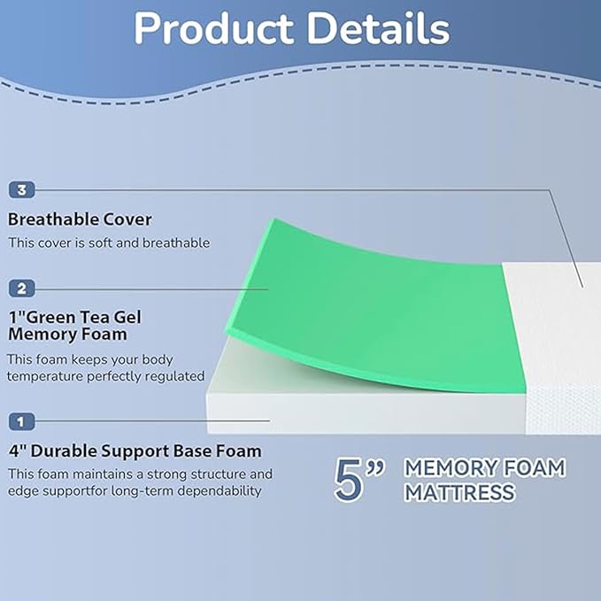 PayLessHere 5 inch Memory Foam Mattress Cooling Gel Green Tea Infused Mattress,Fiberglass Free,CertiPUR-US Certified,Cooler Sleep Supportive & Pressure Relief,White California King
