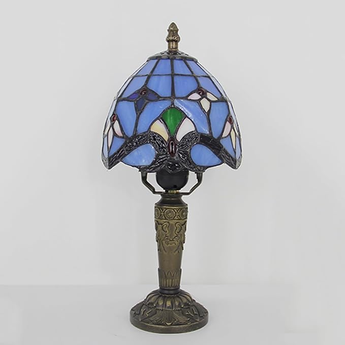 Tiffany Small Lamp Blue Baroque Stained Glass Table Lamp 3 Way Color-Temparetures Bedside Nightstand Table Lamps for Bedroom Living Room Home Office Desk Light W/LED Bulb 6X6X12.5Inch