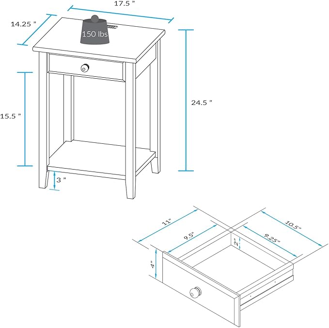 Casual Home Owl Night Stand with USB Port Charging Station and Drawer, 17.5" W x 14.25" D x 24.5" H, Walnut Black
