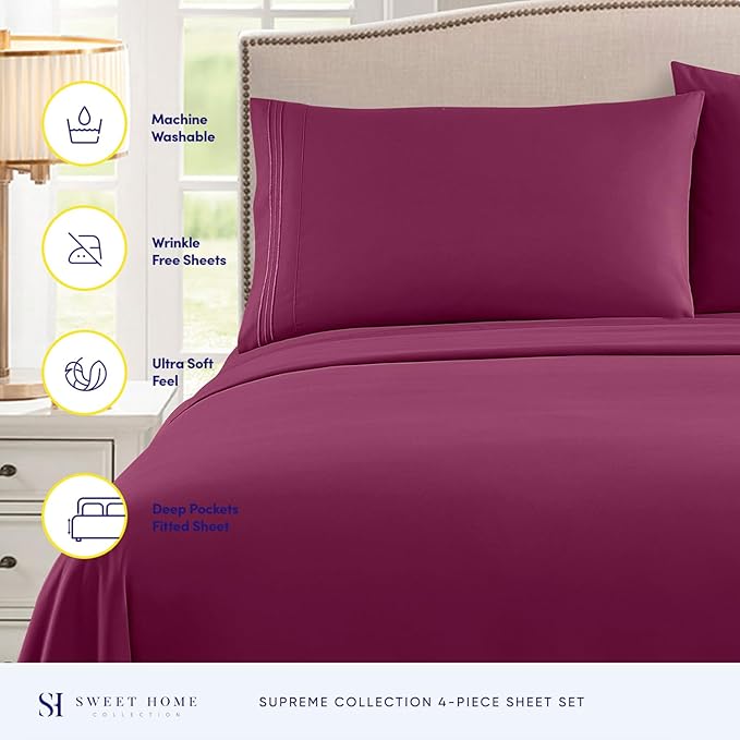 Full Size Sheet Sets - Breathable Luxury Sheets with Full Elastic & Secure Corner Straps Built In - 1800 Supreme Collection Extra Soft Deep Pocket Bedding Set, Sheet Set, Full, Berry