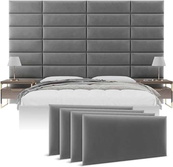 Vänt Upholstered Wall Panels - King/Cal King Size Wall Mounted Velvet Headboards - Velvet Smoke Grey - Twin/King - Set of 4 Panels (Each Individual Panel 39"x11.5")