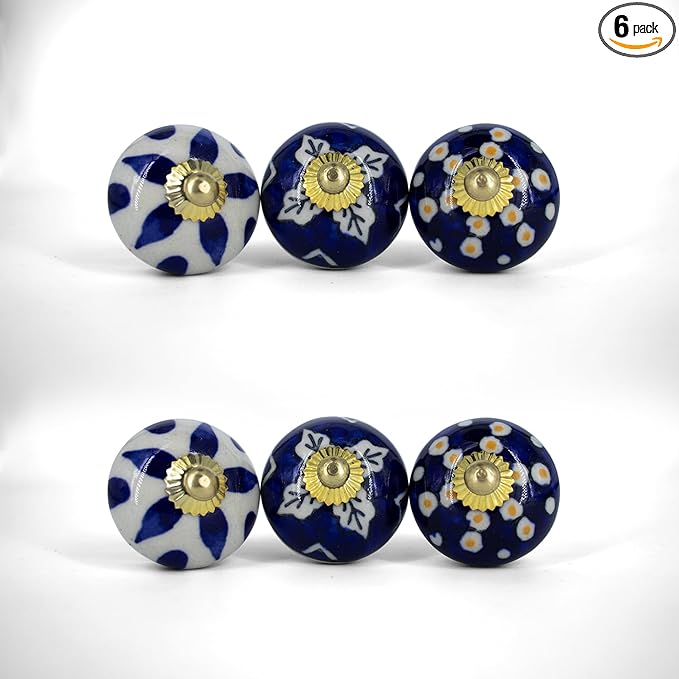 Handmade Blue Blessing Ceramic Stone Cabinet Knobs, Vintage Decorative Drawer Pulls for Trendy Cabinets, Modern Dressers & Cupboards, Knobs for Kitchen & Furniture - Set of 6
