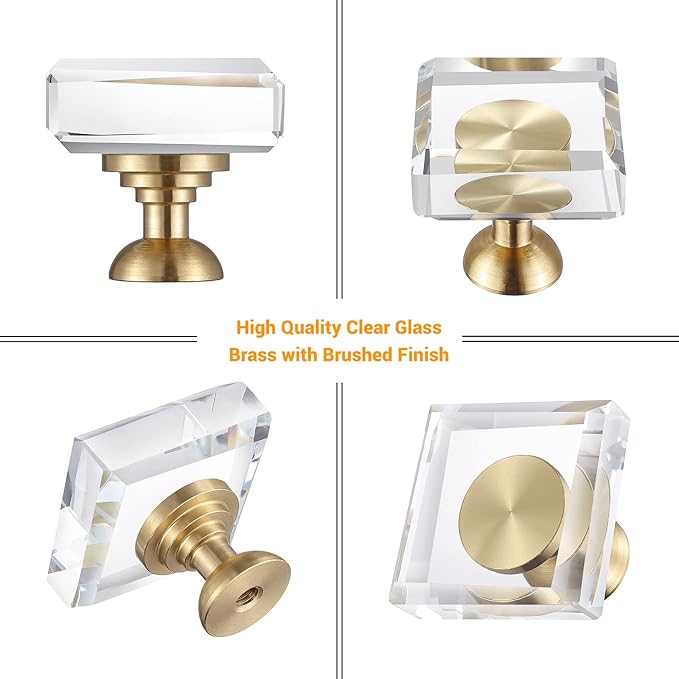 12-Pack 1-1/4-Inch White Cabinet Glass Crystal knobs Brass Drawer Round Knobs Dresser Pulls, Gold Hardware Kitchen Closet knobs for Bifold Doors (Square-1.2inch, 12-Pack)