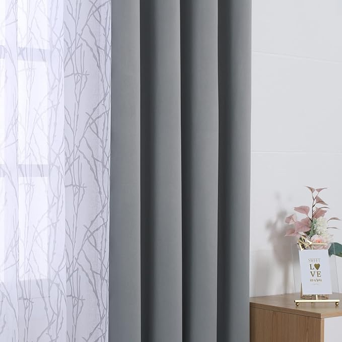 BONZER Mix and Match Curtains - 2 Pieces Branch Print Sheer Curtains and 2 Pieces Blackout Curtains for Bedroom Living Room Grommet Window Drapes, 37x84 Inch/Panel, Light Grey, Set of 4 Panels