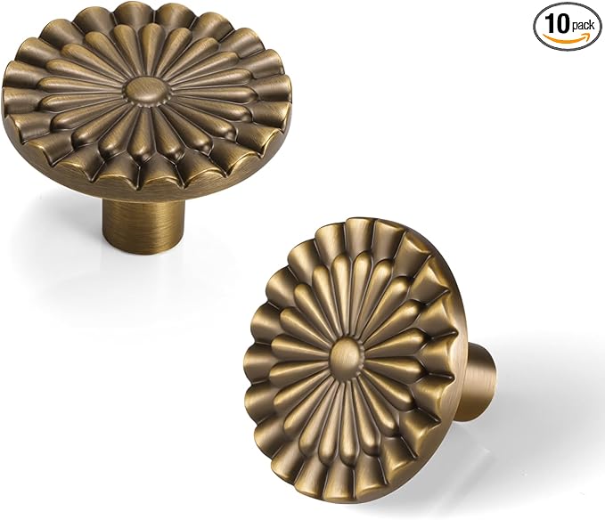 Brushed Antique Brass Cabinet Knobs 10 Pack Kitchen Vintage Round Sunflower Dresser Drawer Hardware Furniture Cupboard Handles for Bathroom Single Hole Knob SH-AB-K10