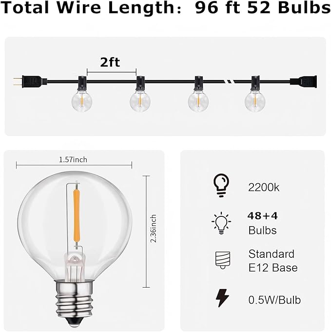 HISTAR 96 ft Outdoor String Lights 52 Led Waterproof G40 Bulbs, Patio Lights for Decorating Yard, Porch, Deck, Fence, Balcony, Backyard