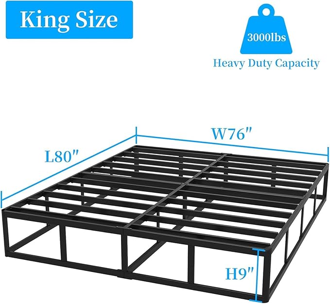 King Box Spring, 9 Inch Metal King Size Box Spring Only, Heavy Duty Metal Frame Mattress Foundation Support for 3000lbs, Easy Assembly, Noise Free, Non Slip