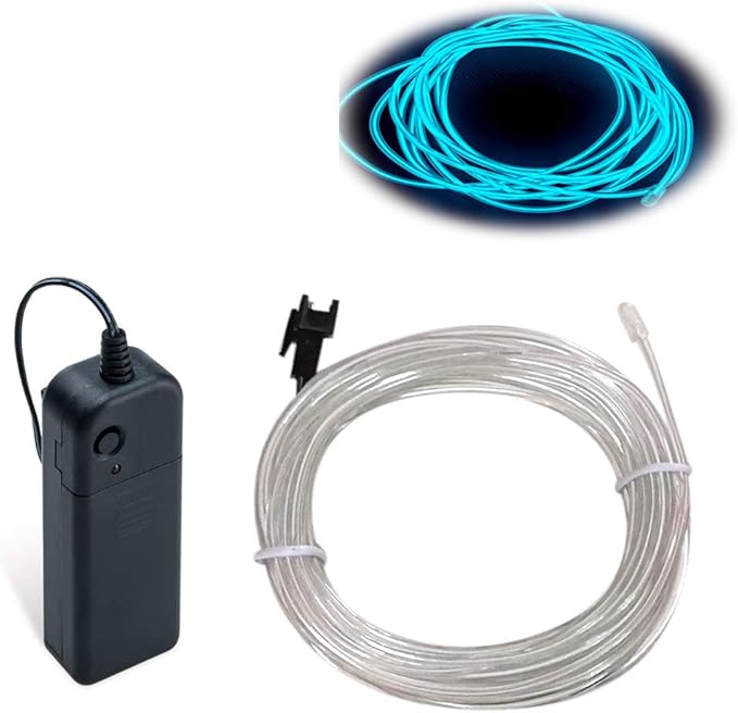MaxLax EL Wire Ice Blue, 9.8ft/3m Portable Battery Pack Neon Light Strip 360° Cuttable Glowing Rope Lights for Parties, Halloween, DIY Decoration