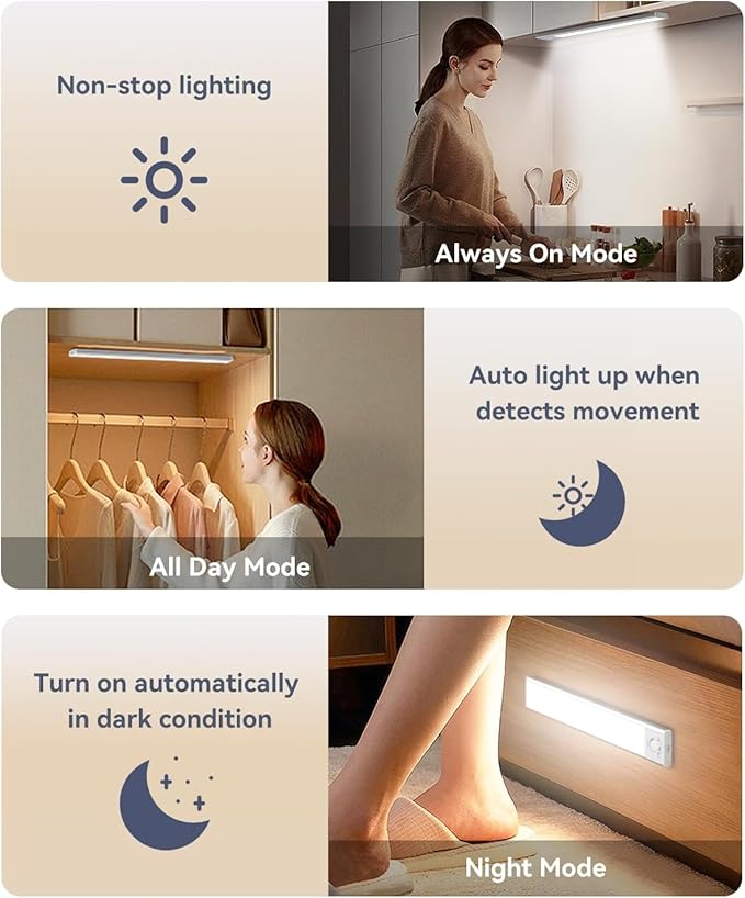 Under Cabinet Lighting, 3200mAh Rechargeable Motion Sensor Light Indoor, LED Battery Operated Cabinet Lights, Dimmable Closet Light, Wireless Under Counter Lights for Kitchen (2pack)