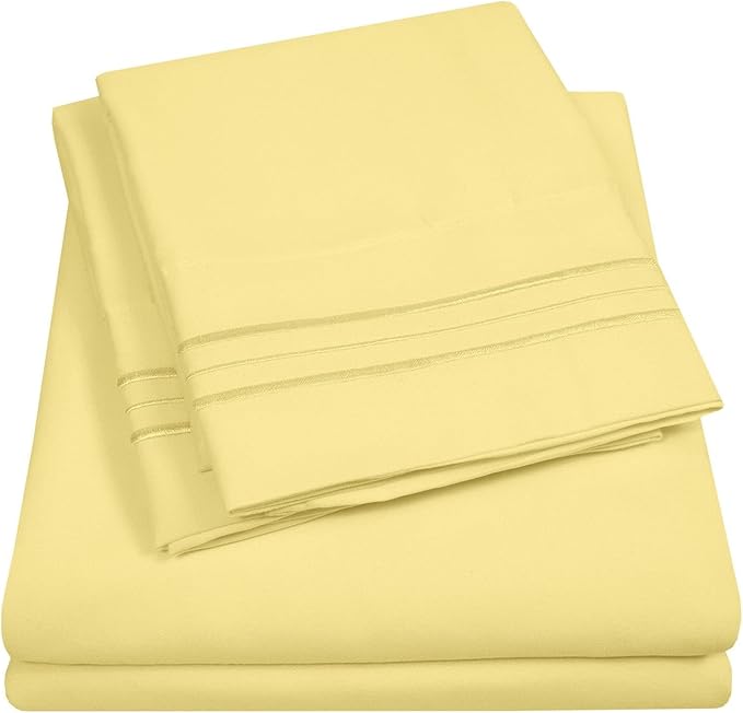RV Short Queen Sheet Set with Built-In Sheet Straps -✅ Deep Pocket Recreational Vehicle Camper Size Fitted Sheet, Flat Sheet & Pillowcases -✅ Soft, Wrinkle-Free, Secure Fit -✅ Pale Yellow