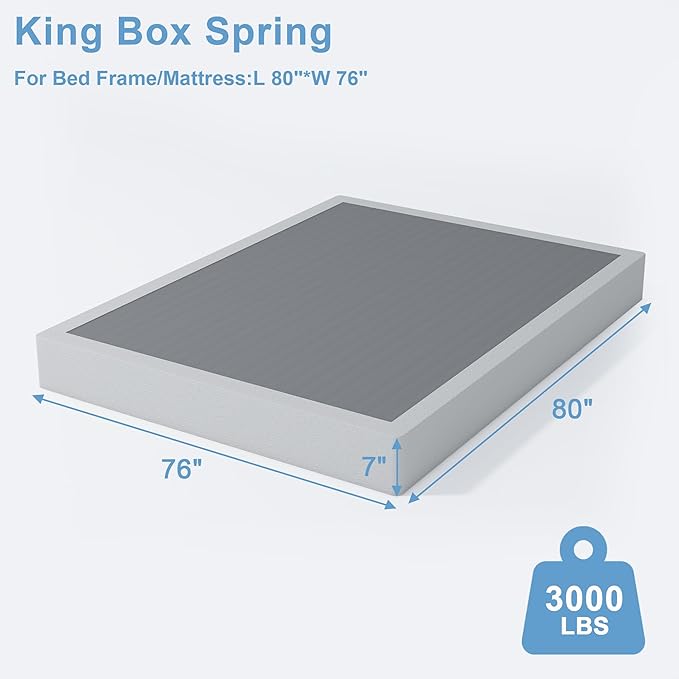 King Box Spring - 7 Inch High Profile Box Spring for King Bed, Sturdy Metal Frame Mattress Foundation, Easy Assembly, Quiet & Noise-Free