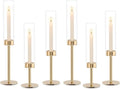 Gold Hurricane Candle Holders Set of 6, Tall Metal & Windproof Glass Taper Candle Holders, Outdoor/Indoor Table Centerpieces for Weddings, Christmas, Parties, Fireplace Decor