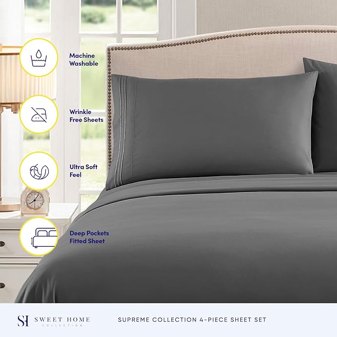 Twin XL Sheets - Breathable Luxury Sheets with Full Elastic & Secure Corner Straps Built In - 1800 Supreme Collection Extra Soft Deep Pocket Bedding Set, Sheet Set, Twin XL, Gray