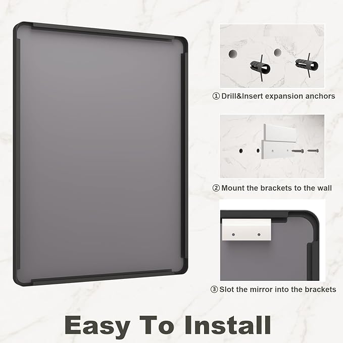 48x32 Inch Black Framed Bathroom Mirror for Wall, Matte Metal Framed Wall Mirror, Rounded Corner Rectangle Bathroom Vanity Mirror, Anti-Rust, Shatterproof (Horizontal/Vertical)