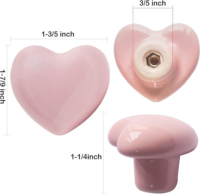 Ceramic Drawer Knobs Heart Shape Cabinet Dresser Pulls Handles with 3 Sized Screws, Kitchen Furniture Knobs for Closet Cupboard Wardrobe (20 Pack, Pink)