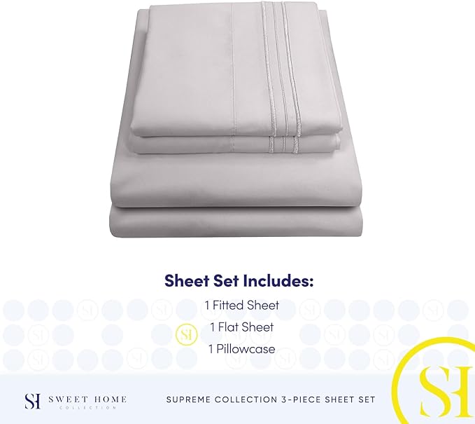 Twin Sheets - Breathable Luxury Sheets with Full Elastic & Secure Corner Straps Built In - 1800 Supreme Collection Extra Soft Deep Pocket Bedding Set, Sheet Set, EXTRA DEEP pocket - Twin, Silver