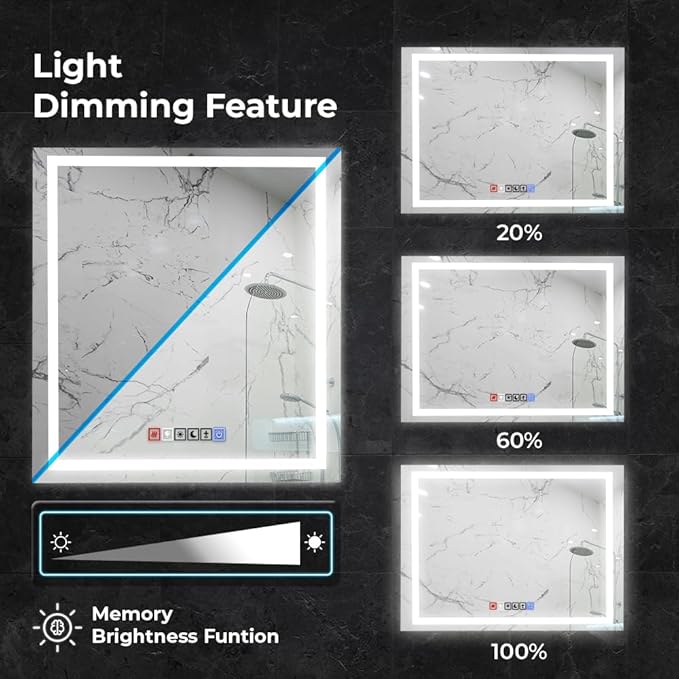 Fab Glass and Mirror Dimmable Lighted Bathroom Wall Vanity with Anti-Fog and Adjustable Colors Rectangular Frameless LED Mirror 40L X 18W Clear