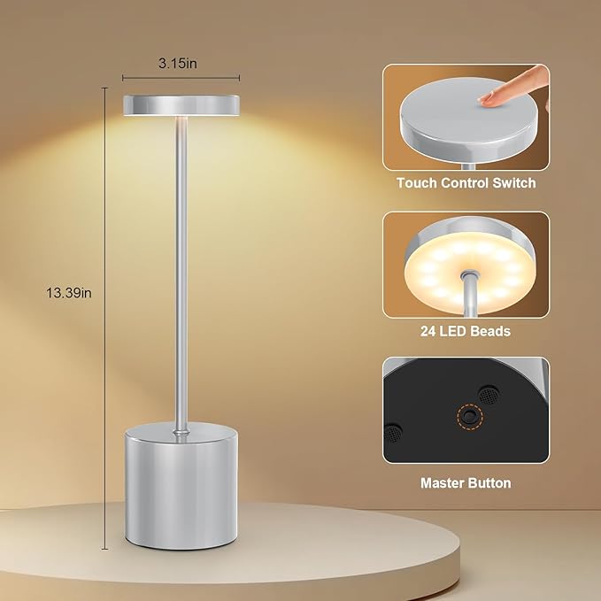 Cordless Table Lamp – 2 Pack Rechargeable Table Lamps, 5000mAh Battery Operated Lamp with 3-Color Dimmable Light, Outdoor Table Lamp for Bedroom, Restaurant, Patio, Home Décor (Silver)